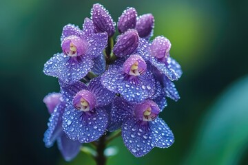 Canvas Print - Close-up shot of a purple flower with water droplets glistening on its petals