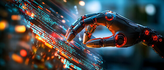 Wall Mural - ai robot hand interacting with computer code