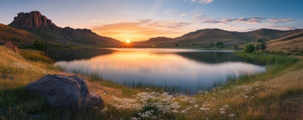 Wall Mural - Stunning sunset over a calm lake surrounded by mountains, serene natural landscape, tranquil outdoor photography.