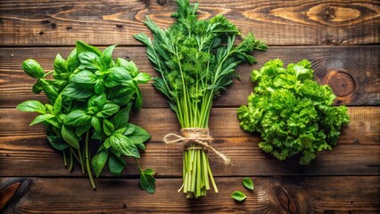 Wall Mural - Aromatic Herbs Bundle Basil, Parsley, and Dill on Rustic Wood