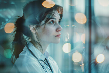 Wall Mural - a double exposure image of a hospital worker in laboratory generative ai
