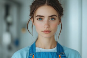 Sticker - A woman wearing a blue shirt and overalls, possibly for casual wear or work