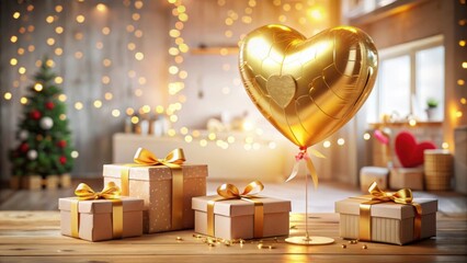 Poster - Festive Celebration Gold Heart Balloon and Elegant Gifts on Wooden Table