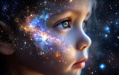 Wall Mural - Cosmic Child: A mesmerizing portrait of a child whose face is interwoven with a vibrant nebula, evoking wonder, dreams, and the boundless possibilities of the universe.