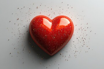 Poster - A shiny red heart rests on a flat, grey background, surrounded by scattered, tiny shimmering particles, creating a captivating and vivid display.