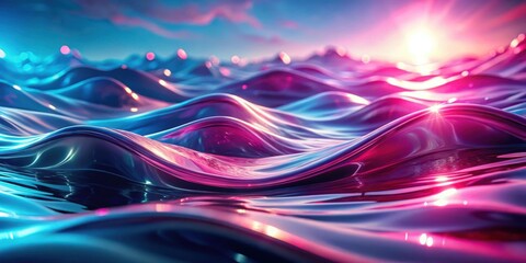 Aufkleber - Abstract Fluid Wavy Surface with Vibrant Neon Hues at Sunset