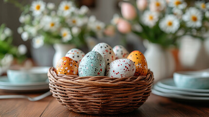 Wall Mural - easter eggs in a basket on the table