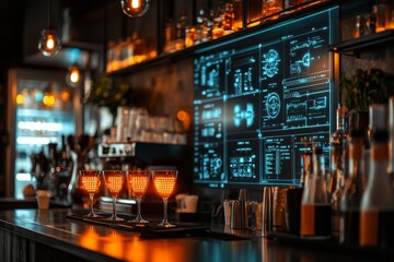 Aufkleber - A bar with high-tech neon-lit interface displays showcasing futuristic drink arrangements, blending technology and artistry in a modern environment.