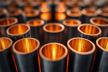 Leinwandbilder - A striking arrangement of copper tubes, each lit from within by a warm orange glow, creates a captivating and industrial visual centerpiece full of charisma.