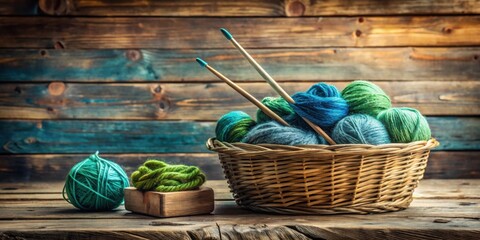 Poster - Rustic Wooden Background Featuring Colorful Yarn Balls in a Basket and Knitting Needles