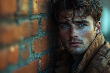 Wall Mural - A young man leans against a brick wall, looking relaxed