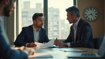 business meeting two men office setting desk professional