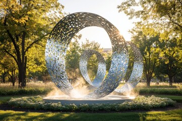 Poster - Large-scale geometric sculpture formed by interlocking silver rings, displayed outdoors in a misty garden environment, reflecting light and capturing essence of serenity.