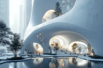 Poster - Grand white building featuring organic arches and reflecting pools harmonizes nature, architecture, and modern aesthetics in a serene urban environment.