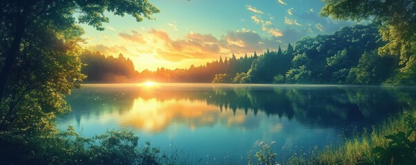 Wall Mural - Sunset reflecting on a calm lake surrounded by trees, serene nature photography, tranquil outdoor scene.