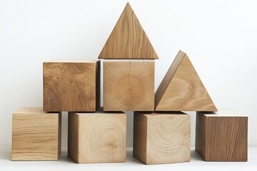 Poster - This image showcases an abstract sculpture made of wooden cubes and triangles stacked artistically, highlighting the beauty of natural wood textures in geometric forms.