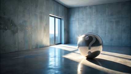 Poster - Metallic Sphere with Question Mark in Sunlit Empty Room