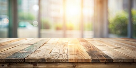 Poster - Rustic Wooden Tabletop Against a Softly Blurred Sunny Background Ideal for Product Placement or Mockups