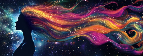 Wall Mural - surreal artistic representation of a woman s silhouette with vibrant, swirling colorful hair set against a dark background, showcasing a cosmic and dreamlike theme