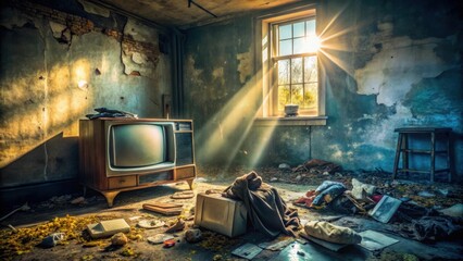 Aufkleber - Sunbeams Illuminate a Derelict Room with an Old Television and Debris