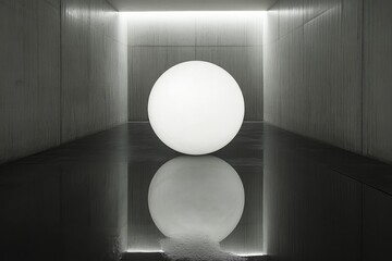 Fototapete - A radiant white sphere sits in a dark, minimalist chamber, its reflection creating a dramatic play of light, evoking a sense of solitude and introspection.