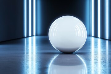Fototapete - A glowing white sphere reflects light in a futuristic hallway with blue neon lights, offering a sense of calm and mysterious beauty to the viewer.