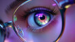 © Екатерина Чумаченко - Close up of a female eye wearing corrective glasses with sharp focus on vibrant iris and delicate eyelashes during evening light. Generative AI