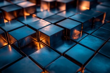 Leinwandbilder - Illuminated blue metallic cubes with warm reflections create a stunning visual contrast and depth, blending technology and art in a mesmerizing abstract design.