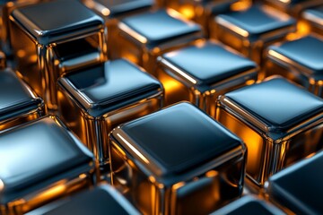 Poster - A collection of high-gloss metallic squares is bathed in warm light, creating a harmonious blend of smooth surfaces and reflections that highlight their elegance.