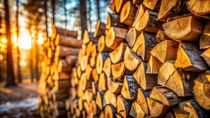 Aufkleber - Golden Hour Woodpile A Stack of Firewood in a Forest at Sunset