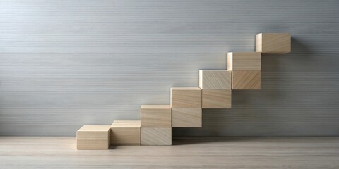 Aufkleber - Ascending Wooden Blocks Forming a Staircase Against a Light Wood Panel Background