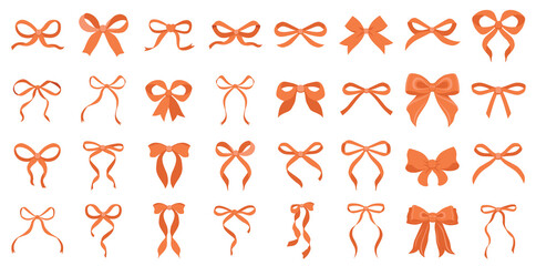 Wall Mural - Simple hand drawn orange ribbon bow collection. Bowknot for decoration, big set of bowtie. Large retro ribbon illustration set. Set of various cartoon bow knots, gift ribbons. Valentines day. Knot