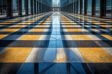 Fototapete - A sleek modern hallway featuring reflective black and yellow checkerboard floor tiles, with symmetrical glass walls displaying the building's sophisticated architecture.