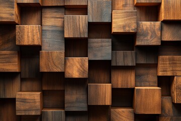 Poster - This striking image reveals a dynamic wall composed of layered wooden cubes in dark finishes, offering a visually compelling and modern architectural element.