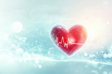 Aufkleber - Dynamic glowing red heart with cardiogram illustrating emotions and health in a vibrant abstract background. Generative AI