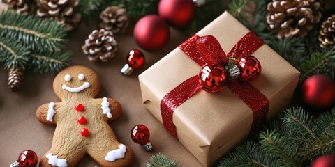 Gingerbread man with red decorations beside a wrapped gift box on brown surface with pine cones and fir branches in festive arrangement