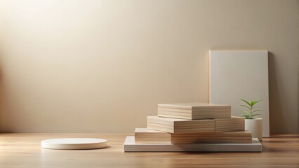 Leinwandbilder - Minimalist Wooden Display with Plant and Blank Canvas