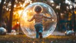 © Minka - Child in protective transparent bubble playing in park, sunset, soft warm light