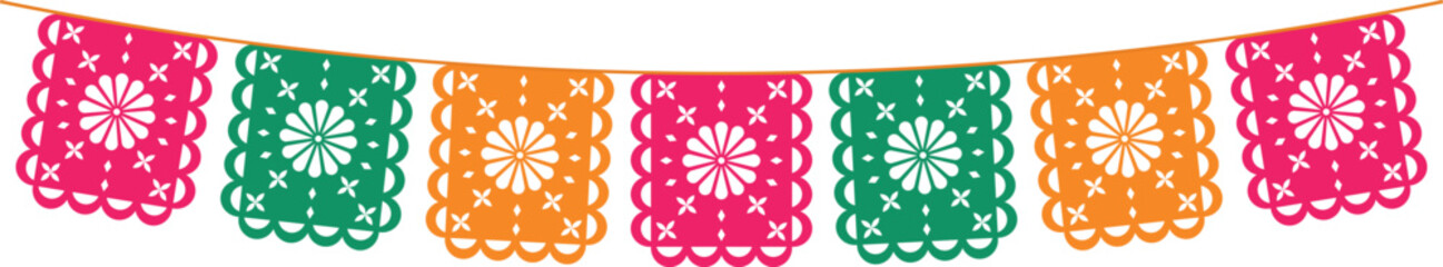 bright flags with ornaments for mexican holidays. colored papel picado paper. isolated vector illust
