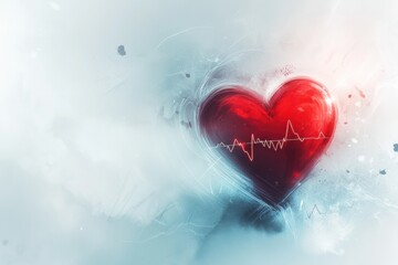 Aufkleber - Glowing red heart with dynamic cardiogram displayed against a soft blue background. Generative AI