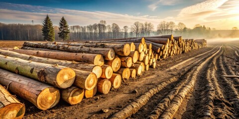 Poster - Golden Hour Lumber Harvest  Rows of freshly cut logs sit in a field at sunrise.