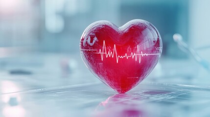 Aufkleber - Glowing red heart with dynamic cardiogram showcasing vitality and health in a clinical setting. Generative AI