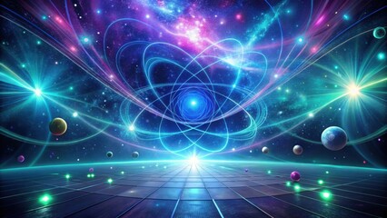 Wall Mural - cosmic atom celestial dance of energy and matter across a gridded plane