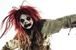 © Fotograf - A scary clown character with bright red hair and a pale white face, suitable for Halloween or horror themes