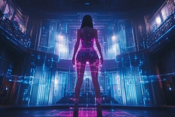Poster - A lone silhouette stands in a futuristic digital cityscape, surrounded by towering neon architecture, evoking themes of cyberpunk and technological evolution.