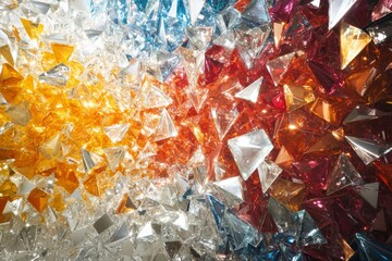 Aufkleber - A vivid spectrum of triangular crystal formations displaying an array of colors from white to red, illustrating a multifaceted, prism-like aesthetic with depth.