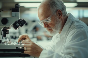 Aufkleber - An elderly scientist intensely focuses on a microscope in a lab, embodying a lifetime of research and curiosity, set against a vibrant scientific backdrop.