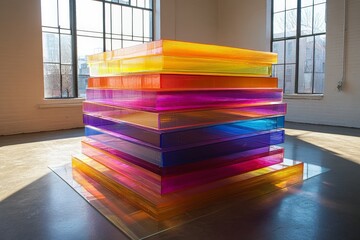 Aufkleber - A stunning art installation of multilayered glass panels, vividly colored and expertly arranged to create an awe-inspiring visual experience within a modern gallery space.