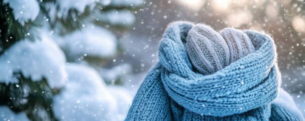 Wall Mural - A warm wool scarf and gloves ad with snow-covered pine trees in the background, 4K photo.