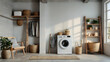© profector - Modern washing machine with basket, shelving unit and ladder near white wall. Interior of home laundry room